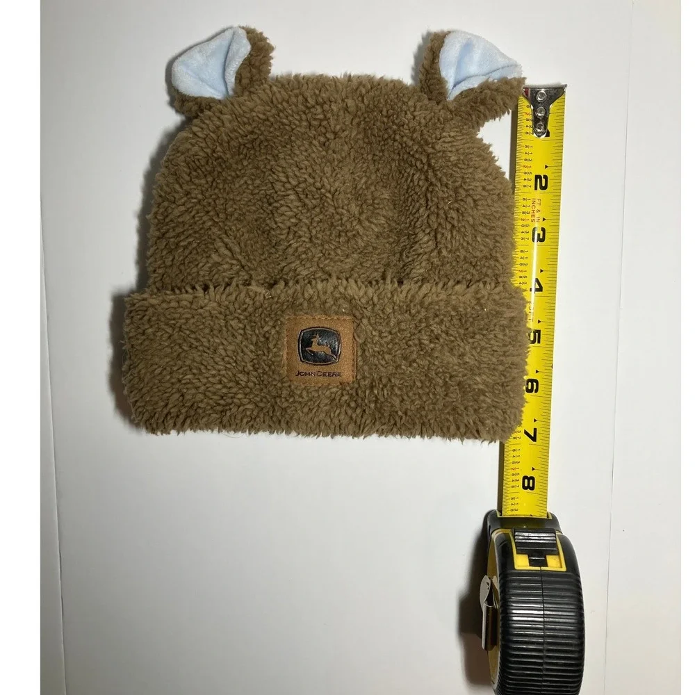 John Deere Brown Fuzzy Fleece Sherpa Hat Beanie Toddler Size Bear Ears Cute Cozy